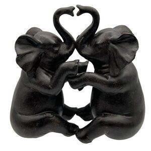 Black Elephant Love Couple Resin Art Deco 6.5" Tall 6.5" Wide Artsy Heart Trunks